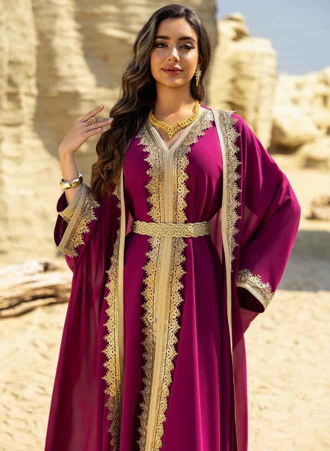 Take Two Lace Embellished Dress and Abaya Set with Gold Embroidery - Image 3
