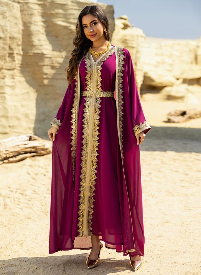 Take Two Lace Embellished Dress and Abaya Set with Gold Embroidery - Image 1