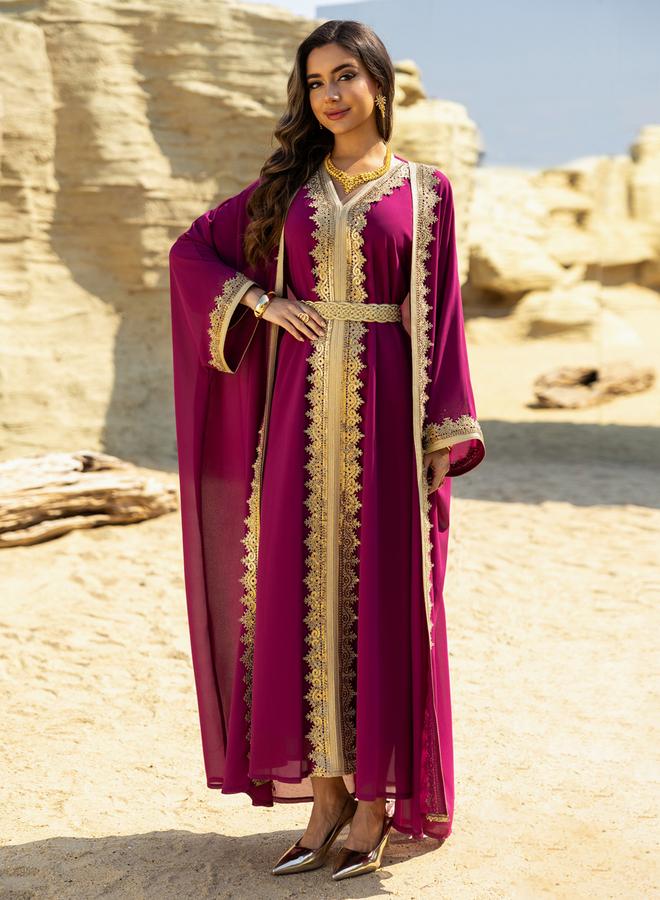 Take Two Lace Embellished Dress and Abaya Set with Gold Embroidery - Image 2