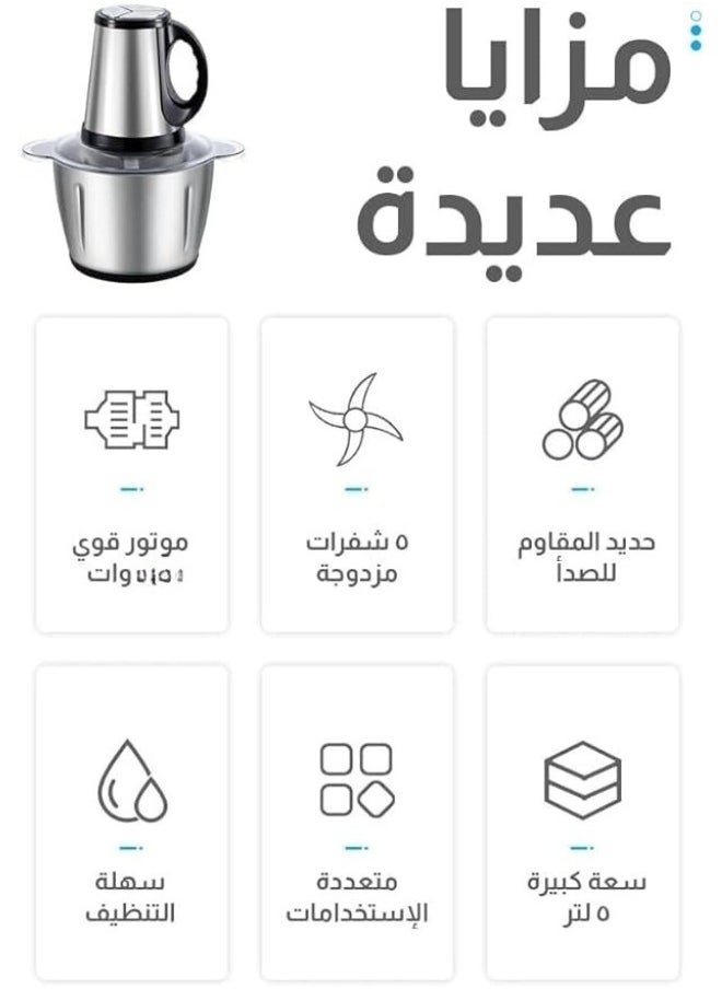 جروب تايجر قطاعة 3 سرعات سعة 5لتر سعة كبيرة وعاء من الستانلس ستيل خلاط متعدد الوظائف ومفرمة 500 وات فضي  - Image 5