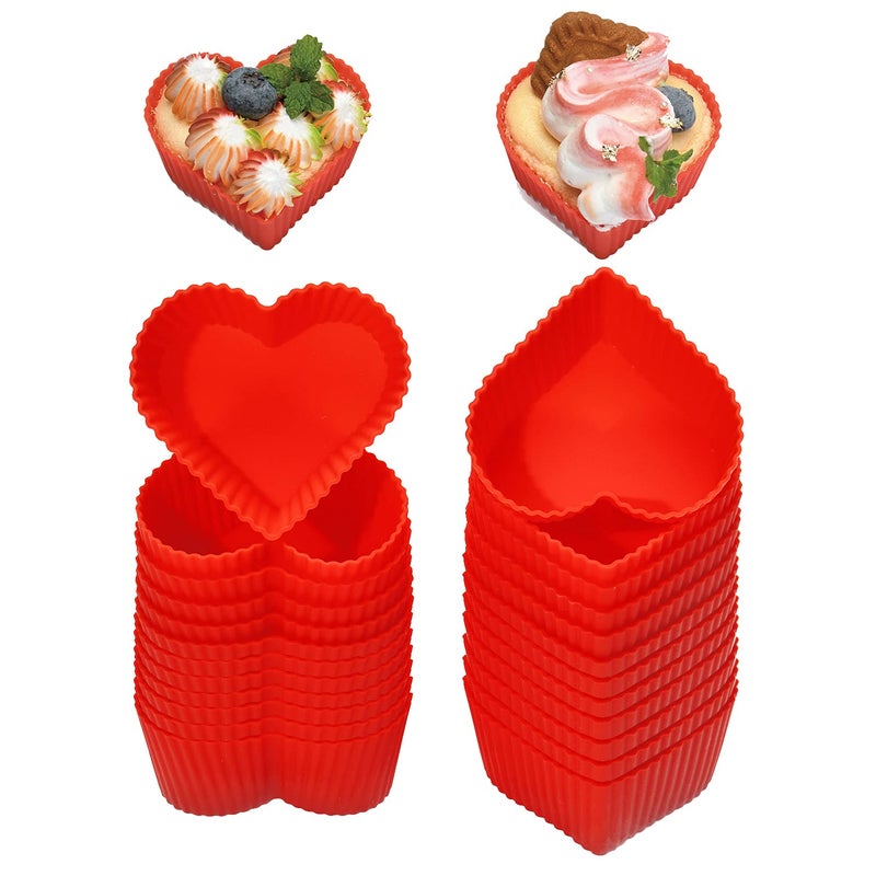 Jell-Cell Baking Cups Cupcake Liners Silicone - Non-Stick Pastry Muffin Liner Molds  2.75 Inch Reusable Storage Container Heart 24 Pack - Image 1