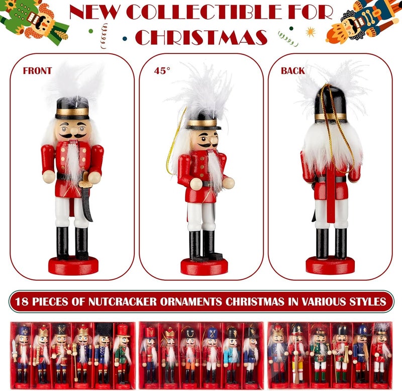 Liliful Christmas Nutcracker Ornament Set 18 Pcs Nutcracker Soldier Christmas Decoration Wooden Hanging Ornaments for Xmas Tree Figure Puppet Toy Present(Classic Style) - Image 3