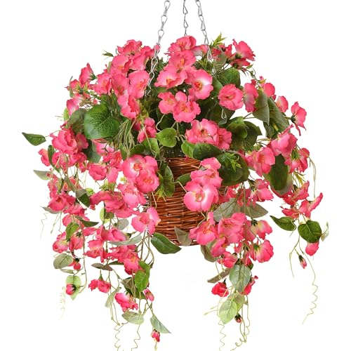 HyeFlora Artificial Fake Hanging Hibiscus Flowers Plants Baskets for Outdoor Decoration, Faux Silk Hibiscus Long Vines in Planter UV Resistant Realistic Flowers for Outside Porch Patio Home Decor, Pink - Image 1