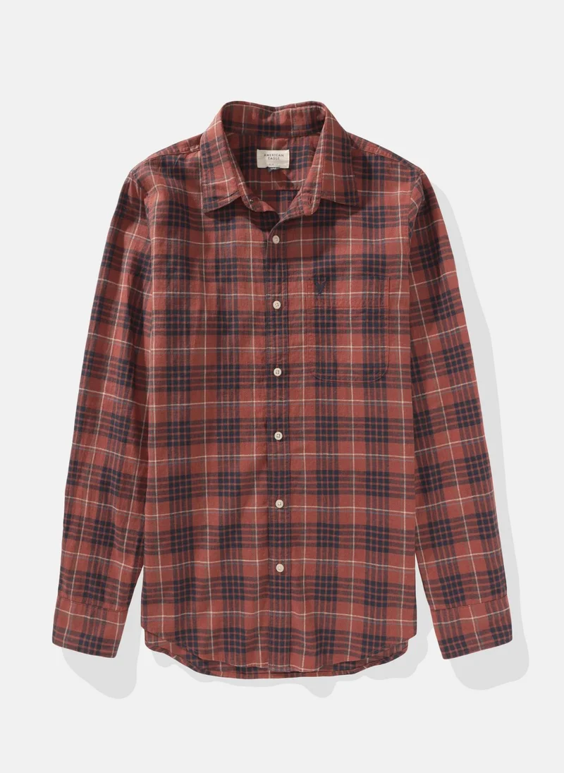 امريكان ايجل AE Slim Fit Everyday Plaid Linen-Blend Button-Up S