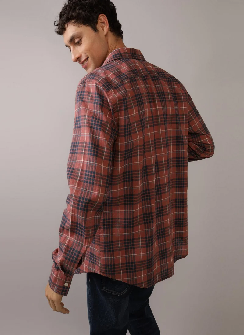 امريكان ايجل AE Slim Fit Everyday Plaid Linen-Blend Button-Up S