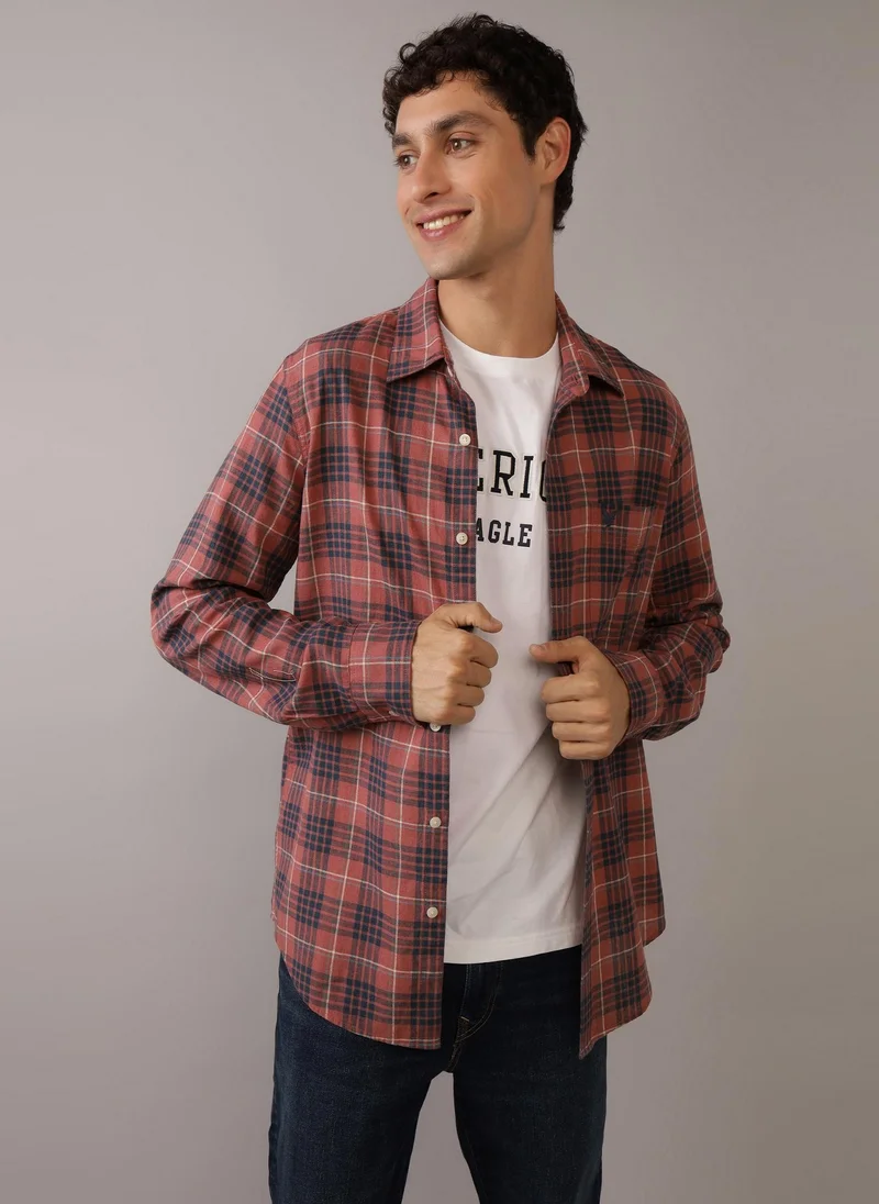 امريكان ايجل AE Slim Fit Everyday Plaid Linen-Blend Button-Up S