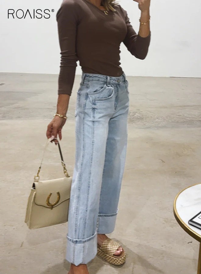 roaiss Classic Straight Leg Jeans for Women Mid Rise Relaxed Fit Vintage-Inspired Wash Trousers Comfort Stretch Denim Breathable Pants Everyday Versatile Light Blue - Image 3