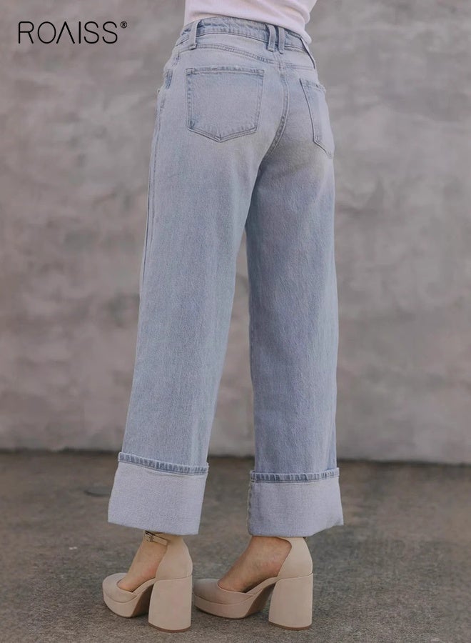 roaiss Classic Straight Leg Jeans for Women Mid Rise Relaxed Fit Vintage-Inspired Wash Trousers Comfort Stretch Denim Breathable Pants Everyday Versatile Light Blue - Image 1