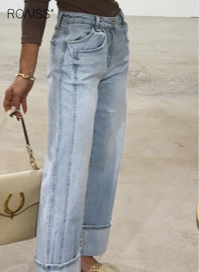 roaiss Classic Straight Leg Jeans for Women Mid Rise Relaxed Fit Vintage-Inspired Wash Trousers Comfort Stretch Denim Breathable Pants Everyday Versatile Light Blue - Image 2
