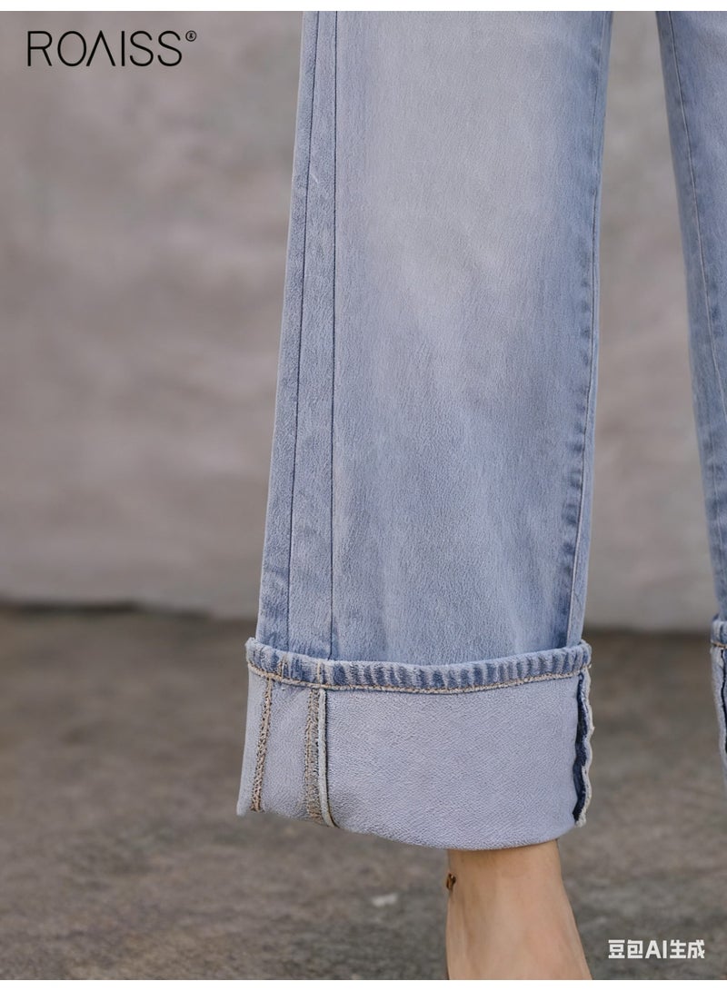 roaiss Classic Straight Leg Jeans for Women Mid Rise Relaxed Fit Vintage-Inspired Wash Trousers Comfort Stretch Denim Breathable Pants Everyday Versatile Light Blue - Image 5