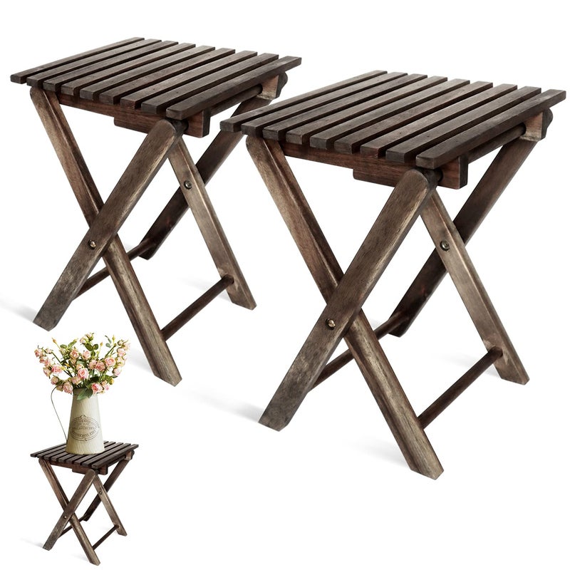 LITADA LITADA Small Patio Table Set of 2 Acacia Wooden Small Table Side Table Coffee End Table Small Square Folding Side Table Plant Stand Mid Century Easy Assembly Modern Home Decor Walnut Color 
