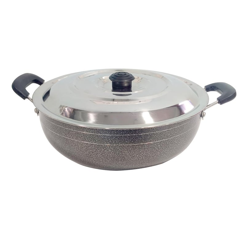 Non-Stick Deep Kadai Aluminium Kadhai with Stainless Steel Lid Frying Pan Skillet Wok Multi Purpose Frying Capacity 2 LTR 