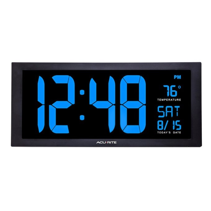 76100M OVERSIZED LED CLOCK WITH INDOOR TEMPERATURE DATE AND FOLDOUT STAND 18INCH BLUE