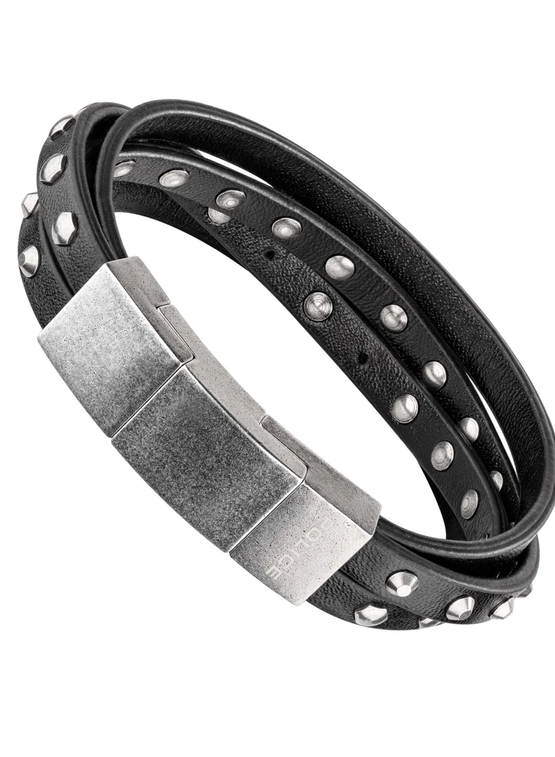 POLICE Bratan Wrap Black Leather &amp; Antique Silver Bracelet for Men
