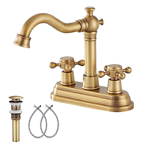 GGStudy Bathroom Faucet Oil Rubbed Bronze GGStudy 2 Handles 4 Inches Centerset Bathroom Vanity with Drain Assembly and Supply Hose Lavatory Mixer Double Handle Tap - Image 1