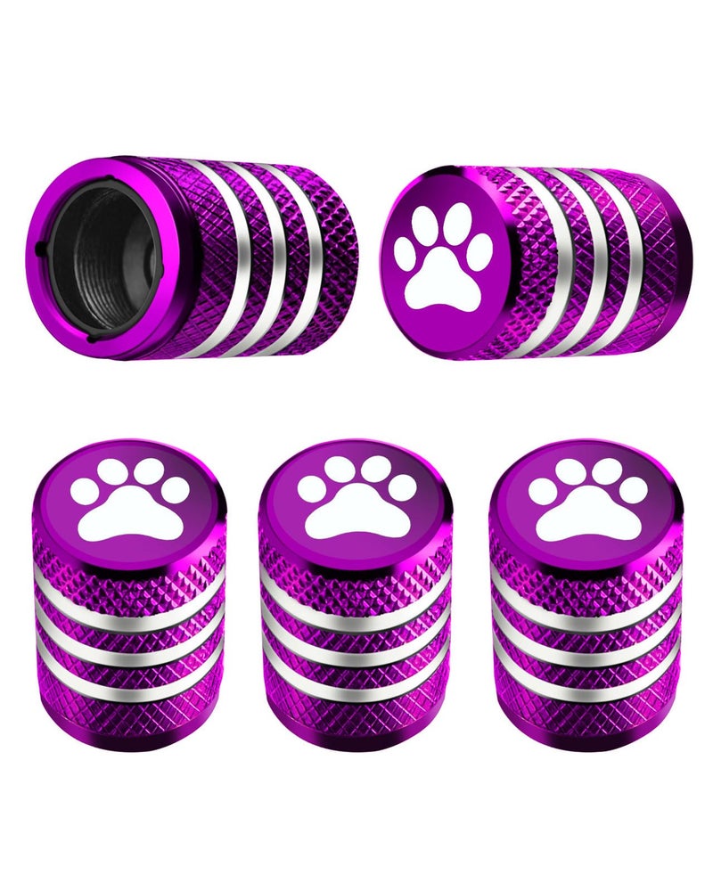 Tire Valve Stem Caps Cover  5 Pack Tire Air Caps Metal with Plastic Liner Corrosion Resistant LeakProof Dog Paw Print for Car Truck Motorcycle Bike Purple