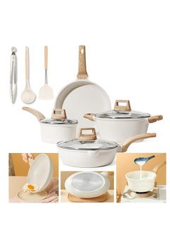 XiuWoo 7 Pieces Pots and Pans Set with Lid Soup Pot, Nonstick For Kitchen, Maifan Stone Pot Cookware Cooking Set, Frying Pans, Saucepans, Stew Pot Cooking Pot Cookware PFOA Free,White  - Image 1