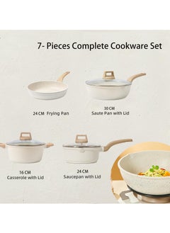XiuWoo 7 Pieces Pots and Pans Set with Lid Soup Pot, Nonstick For Kitchen, Maifan Stone Pot Cookware Cooking Set, Frying Pans, Saucepans, Stew Pot Cooking Pot Cookware PFOA Free,White  - Image 2