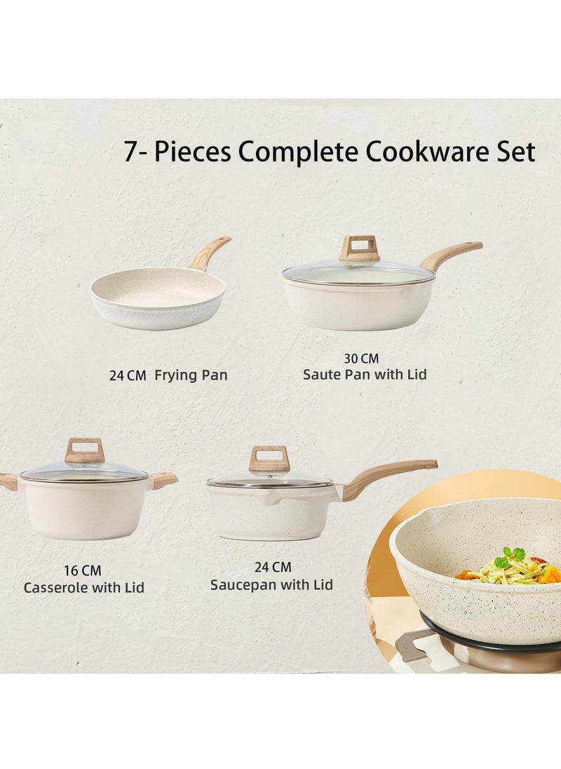 XiuWoo 7 Pieces Pots and Pans Set with Lid Soup Pot, Nonstick For Kitchen, Maifan Stone Pot Cookware Cooking Set, Frying Pans, Saucepans, Stew Pot Cooking Pot Cookware PFOA Free,White  - Image 2