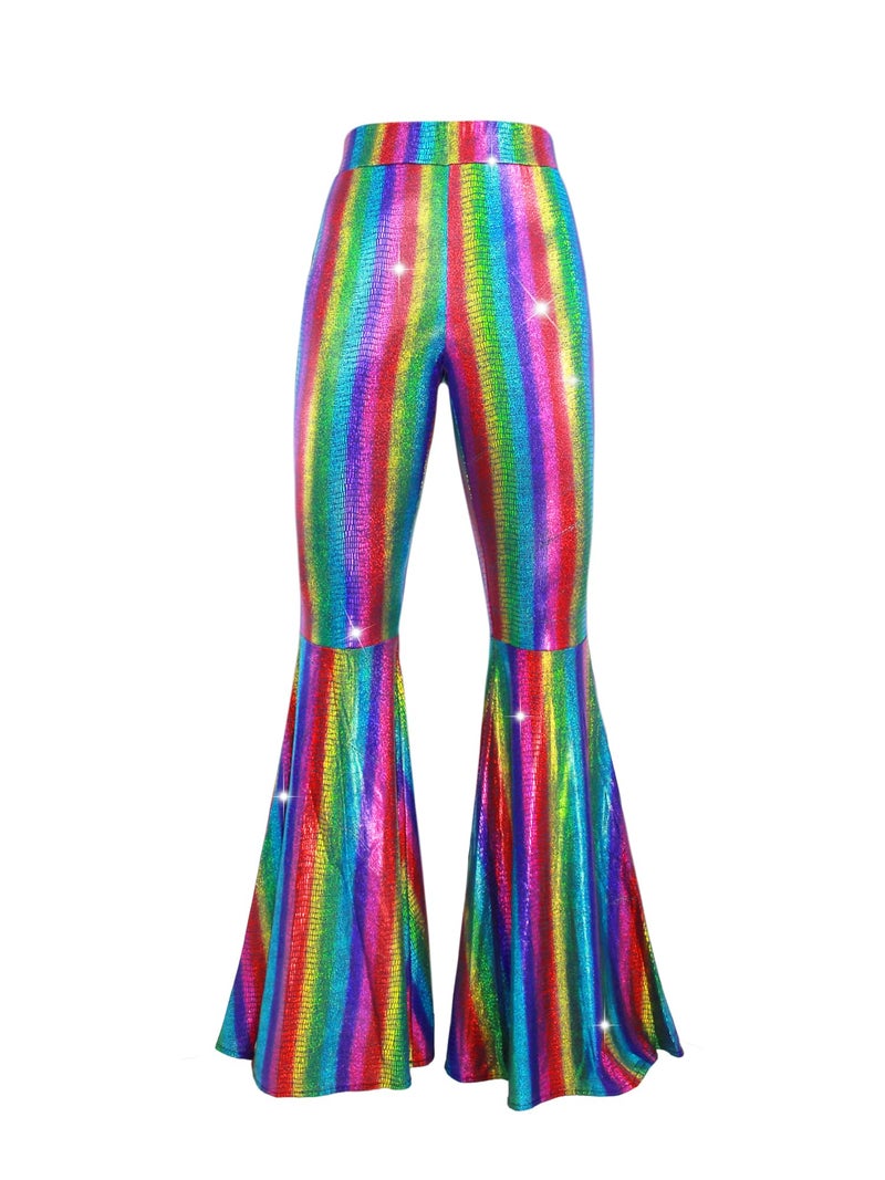 Nawgut Womens Sequin Flare Pant Sparkly High Waisted Leg Bell Bottom Glitter Trousers Night Out Clubwear-Small - Image 3