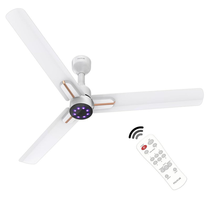 Polycab POLYCAB Wizzy Neo LED 1200mm 5Star BLDC Remote Ceiling fan for Living Room 8 Purple LED Speed Indicator High Air Delivery 25 Speed Control Free Installation 4yr WarrantyWhite Rose Gold 