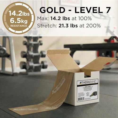 TheraBand 20384 Professional Latex-Free Resistance Bands for Rehabilitation, Portable Fitness, Workout and Home Exercise, 25 yd. Roll Dispenser Box, Max, Elite, Gold - Image 3