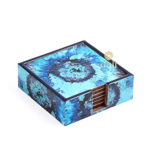 DULI Set of 6 MDF Wood Enamel Work Tea Coasters with Stand (10 * 10 cm) (Blue Drops) - Image 1