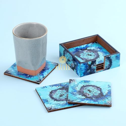 DULI Set of 6 MDF Wood Enamel Work Tea Coasters with Stand (10 * 10 cm) (Blue Drops) - Image 4