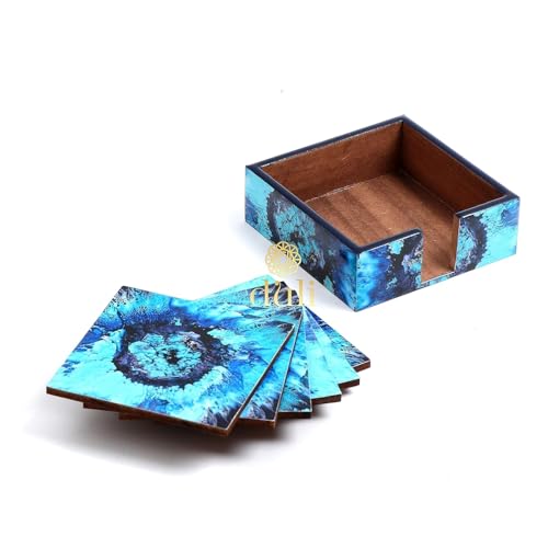 DULI Set of 6 MDF Wood Enamel Work Tea Coasters with Stand (10 * 10 cm) (Blue Drops) - Image 3