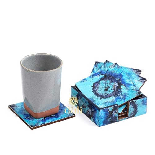 DULI Set of 6 MDF Wood Enamel Work Tea Coasters with Stand (10 * 10 cm) (Blue Drops) - Image 5