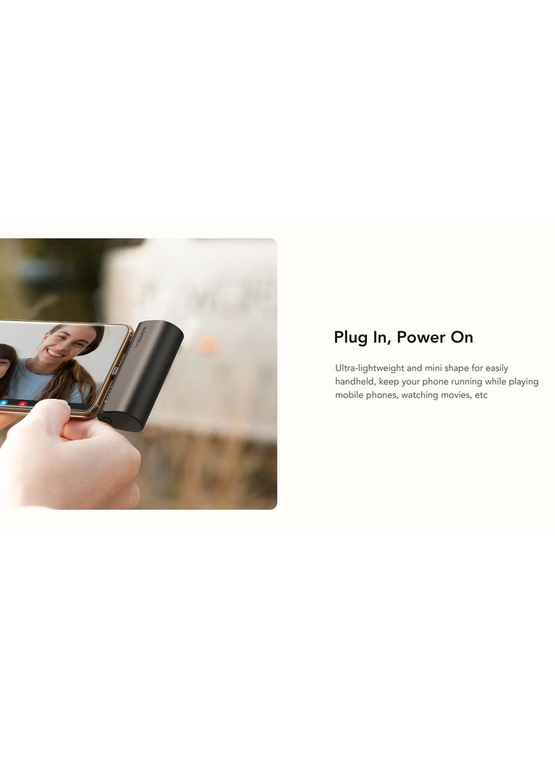 Ultra Compact Mini 5000mAh Power Bank for USB-C Devices | Fast Charging PD/QC3.0 | Built-in Type-C Connector, No Cables Needed | Compatible with iPhone 16 Pro Max, 16 Pro, 16 Plus, iPhone 15 Series, Samsung Galaxy S24/S23/S22/S21/S20, Huawei, and All Android Devices- Black