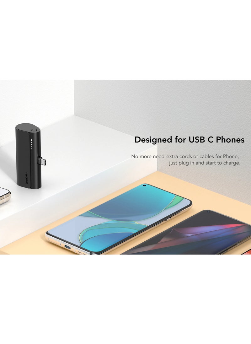 Ultra Compact Mini 5000mAh Power Bank for USB-C Devices | Fast Charging PD/QC3.0 | Built-in Type-C Connector, No Cables Needed | Compatible with iPhone 16 Pro Max, 16 Pro, 16 Plus, iPhone 15 Series, Samsung Galaxy S24/S23/S22/S21/S20, Huawei, and All Android Devices- Black