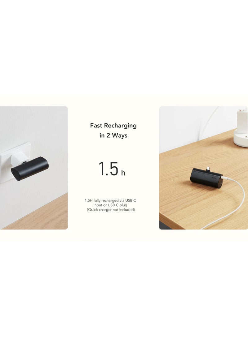 Ultra Compact Mini 5000mAh Power Bank for USB-C Devices | Fast Charging PD/QC3.0 | Built-in Type-C Connector, No Cables Needed | Compatible with iPhone 16 Pro Max, 16 Pro, 16 Plus, iPhone 15 Series, Samsung Galaxy S24/S23/S22/S21/S20, Huawei, and All Android Devices- Black