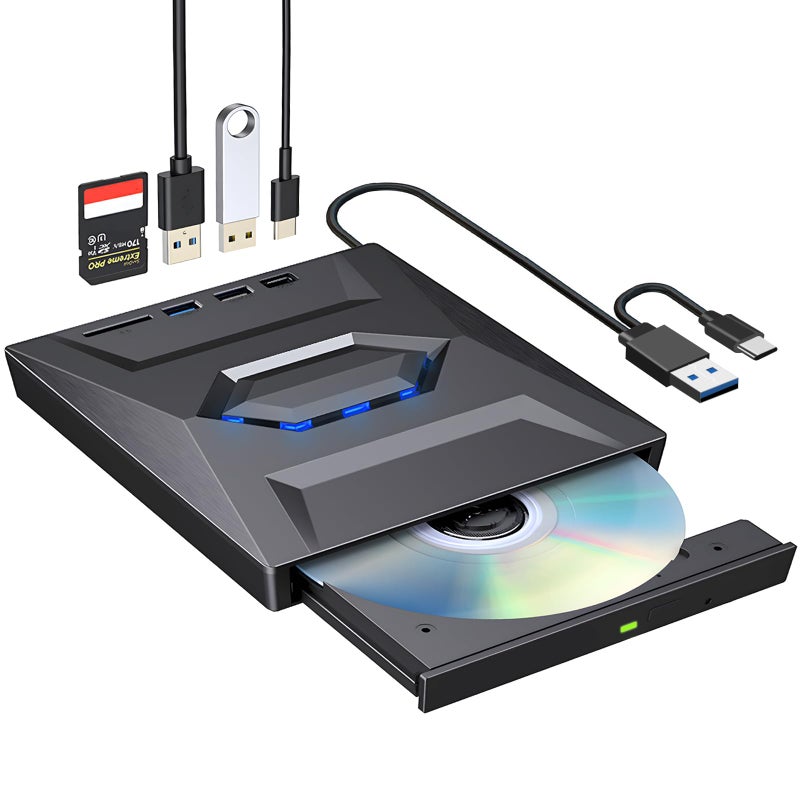 ROOFULL External CD DVD Drive USB 3.0 & USB-C CD ROM Burner DVD Player with USB Hub and SD Card Reader, Portable CD DVD +/-RW Optical Disk Drive Writer for Laptop PC Windows 11/10, Mac, Linux Computer - Image 1