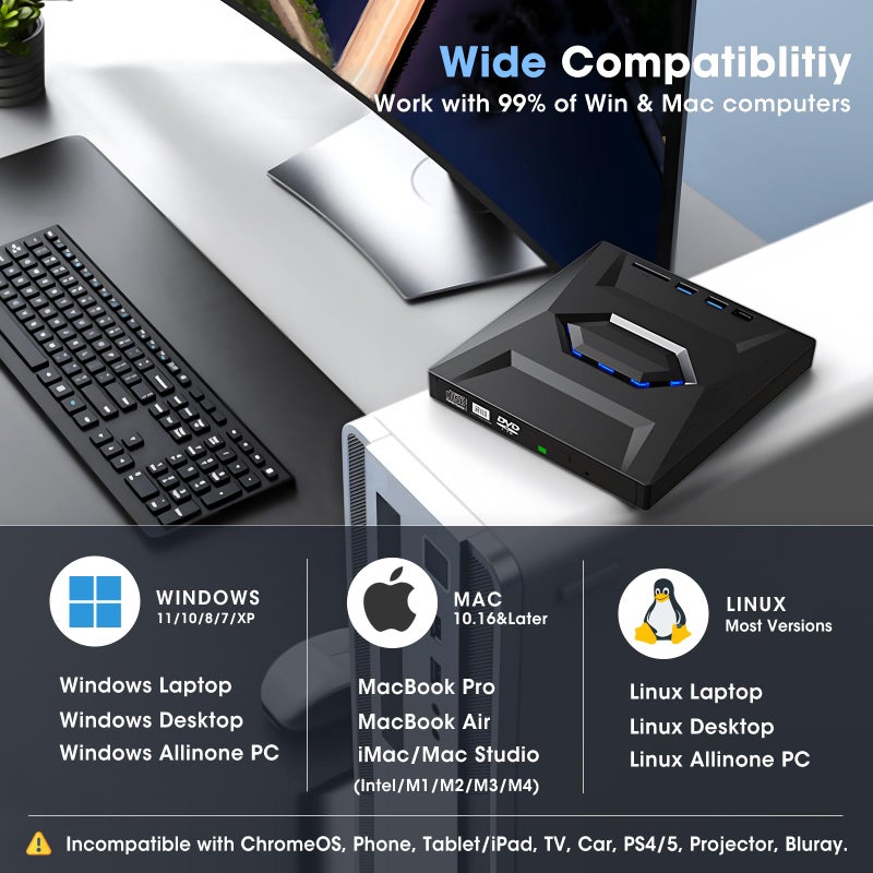 ROOFULL External CD DVD Drive USB 3.0 & USB-C CD ROM Burner DVD Player with USB Hub and SD Card Reader, Portable CD DVD +/-RW Optical Disk Drive Writer for Laptop PC Windows 11/10, Mac, Linux Computer - Image 5