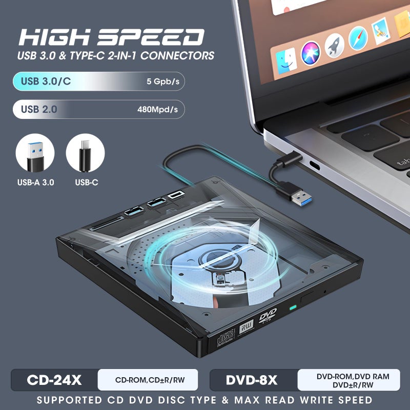 ROOFULL External CD DVD Drive USB 3.0 & USB-C CD ROM Burner DVD Player with USB Hub and SD Card Reader, Portable CD DVD +/-RW Optical Disk Drive Writer for Laptop PC Windows 11/10, Mac, Linux Computer - Image 3
