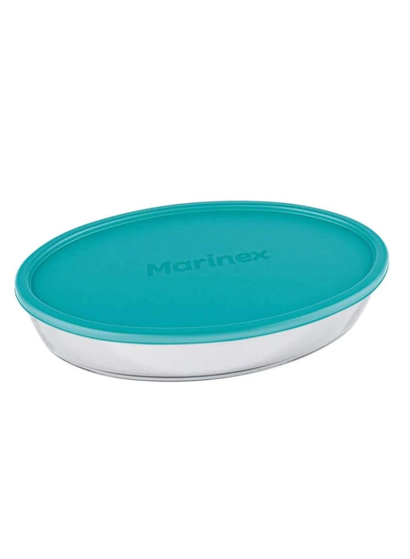 Marinex صينية زجاجية بيضاوية متوسطة من مارينيكس مع غطاء بلاستيكي 3.2 لتر، آمنة للاستخدام في الفرن، أدوات خبز شفافة لللازانيا، الكعك، البراونيز، الشواء والطبخات - Image 1