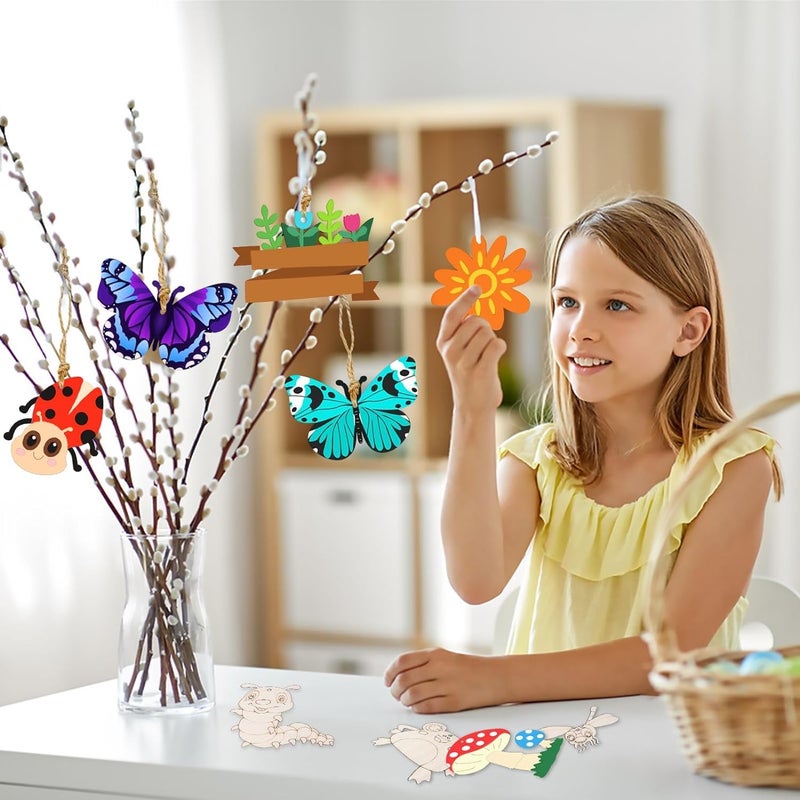 CLITHS Cliths 48 PCS Unfinished Wood Cutouts Ornaments for Crafts Spring DIY Wooden Decor Butterfly Flower Bee Bird Blank Slices - Image 3