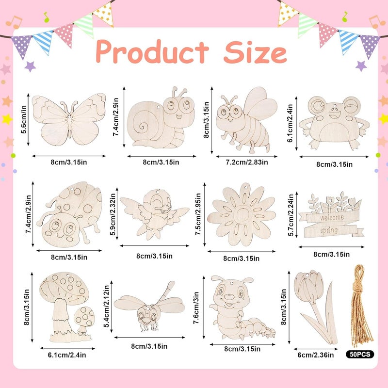 CLITHS Cliths 48 PCS Unfinished Wood Cutouts Ornaments for Crafts Spring DIY Wooden Decor Butterfly Flower Bee Bird Blank Slices - Image 2