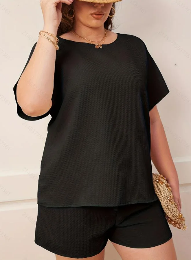 تايك تو Plus Size Black Waffle Knit T-Shirt and Short Pyjama Set