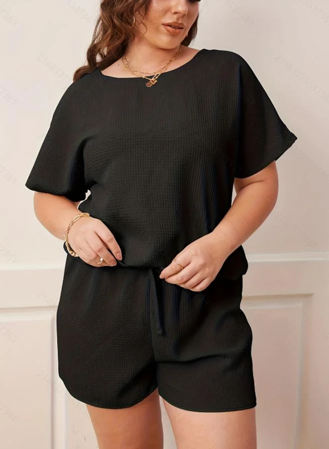 تايك تو Plus Size Black Waffle Knit T-Shirt and Short Pyjama Set
