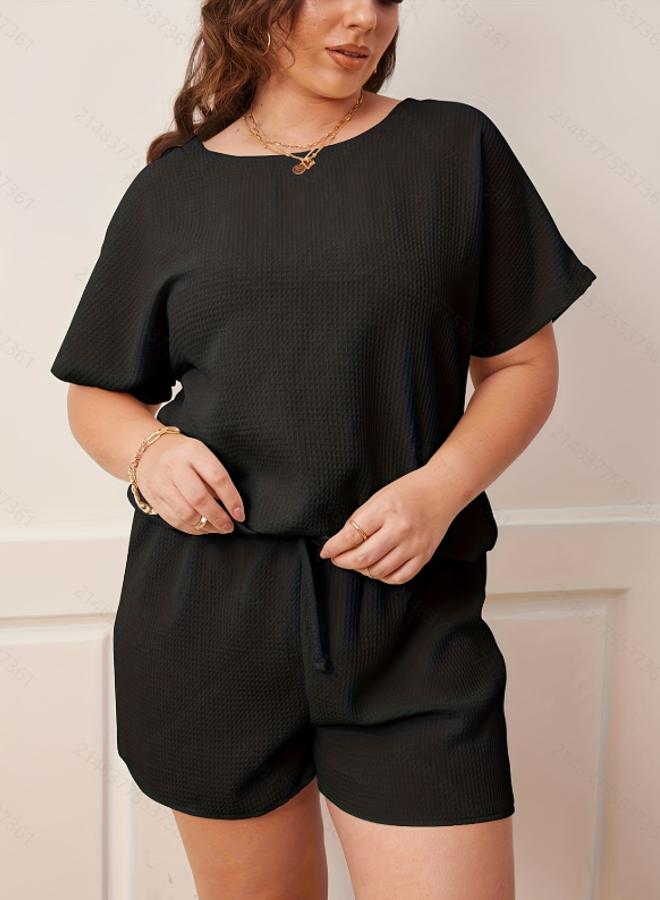 Take Two Plus Size Black Waffle Knit T-Shirt and Short Pyjama Set - Image 2