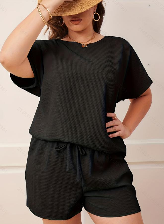 Take Two Plus Size Black Waffle Knit T-Shirt and Short Pyjama Set - Image 4