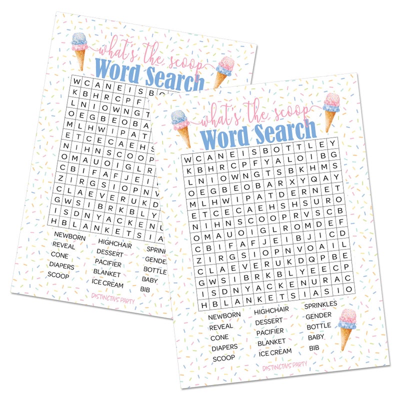 DISTINCTIVS Whats The Scoop Gender Reveal Party Word Search Heres The Scoop Ice Cream Baby Shower Game 20 Player Cards - Image 2