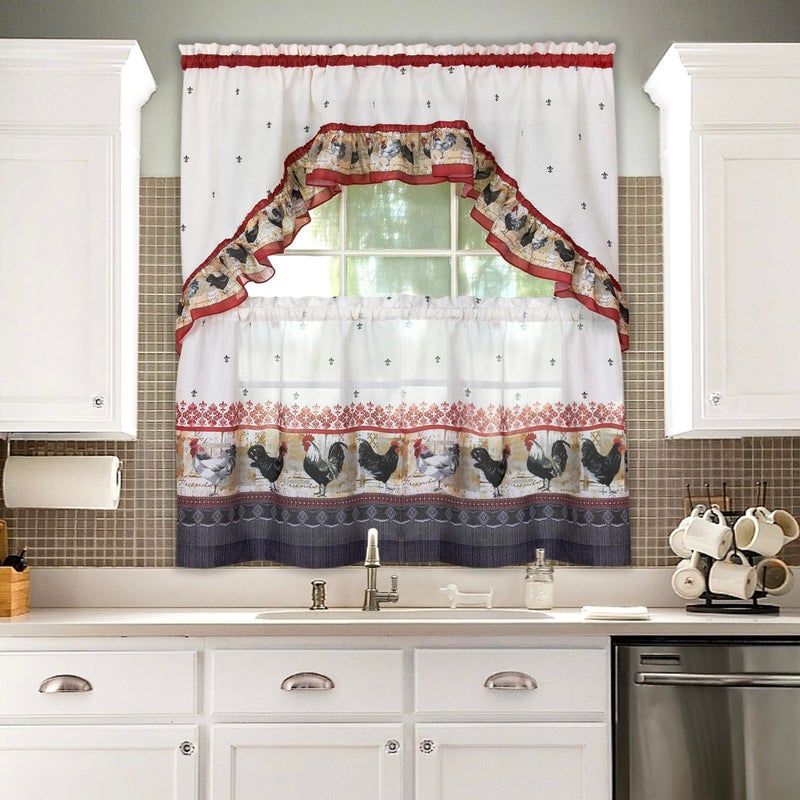 ACHIM Printed Tier and Swag Window Curtain Set - 57 Inch Width, 36 Inch Length - Rooster - Machine Washable Light Filtering Polyester Drapes for Kitchen, Bedroom, Living, & Dining Room Home Decor - Image 1