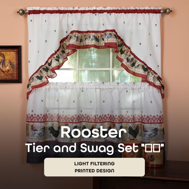 ACHIM Printed Tier and Swag Window Curtain Set - 57 Inch Width, 36 Inch Length - Rooster - Machine Washable Light Filtering Polyester Drapes for Kitchen, Bedroom, Living, & Dining Room Home Decor - Image 2