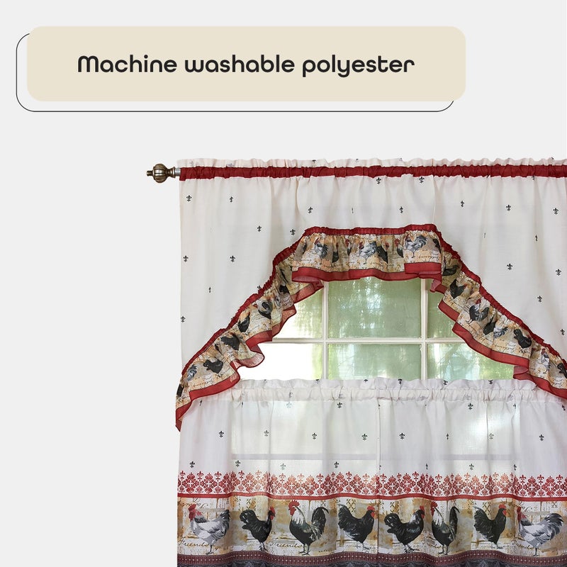 ACHIM Printed Tier and Swag Window Curtain Set - 57 Inch Width, 36 Inch Length - Rooster - Machine Washable Light Filtering Polyester Drapes for Kitchen, Bedroom, Living, & Dining Room Home Decor - Image 4