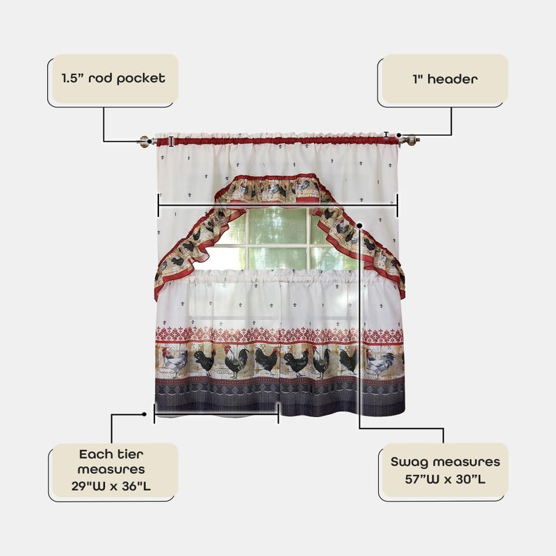 ACHIM Printed Tier and Swag Window Curtain Set - 57 Inch Width, 36 Inch Length - Rooster - Machine Washable Light Filtering Polyester Drapes for Kitchen, Bedroom, Living, & Dining Room Home Decor - Image 5