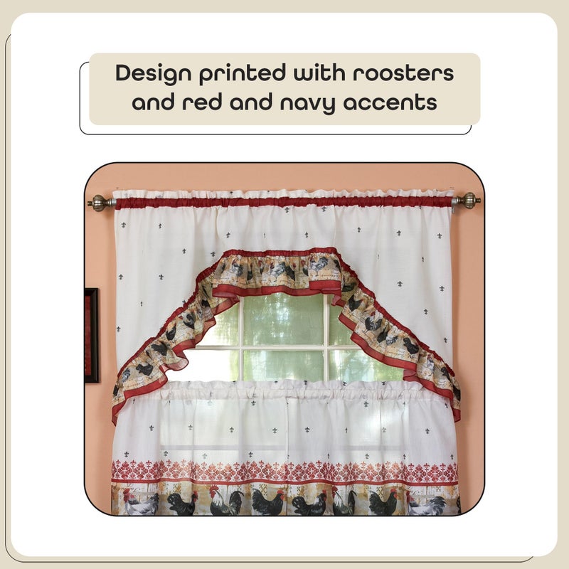 ACHIM Printed Tier and Swag Window Curtain Set - 57 Inch Width, 36 Inch Length - Rooster - Machine Washable Light Filtering Polyester Drapes for Kitchen, Bedroom, Living, & Dining Room Home Decor - Image 3