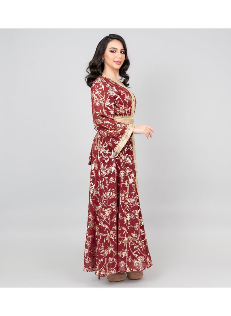 اكسا جلابية دانتيل مطبوعة عصرية لون عنابي - Image 4